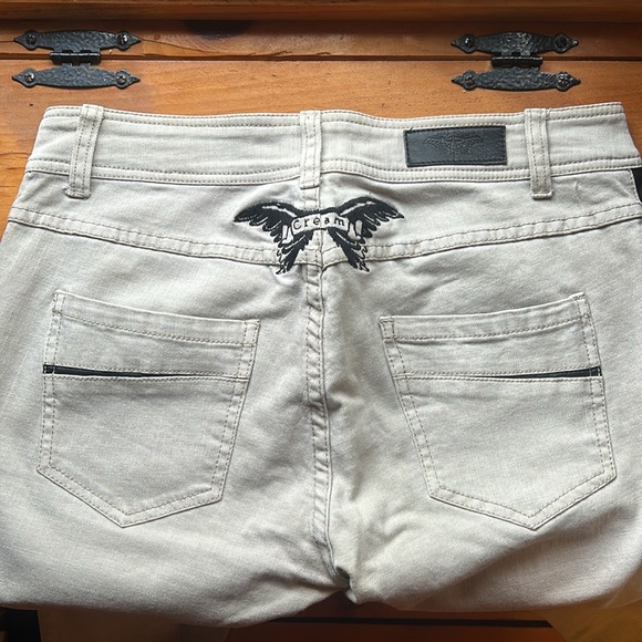 CREAM - Beige Stretchy Jeans - Black Pleather Leg Stripe - Size: 38 EUROPEAN - Picture 4 of 5